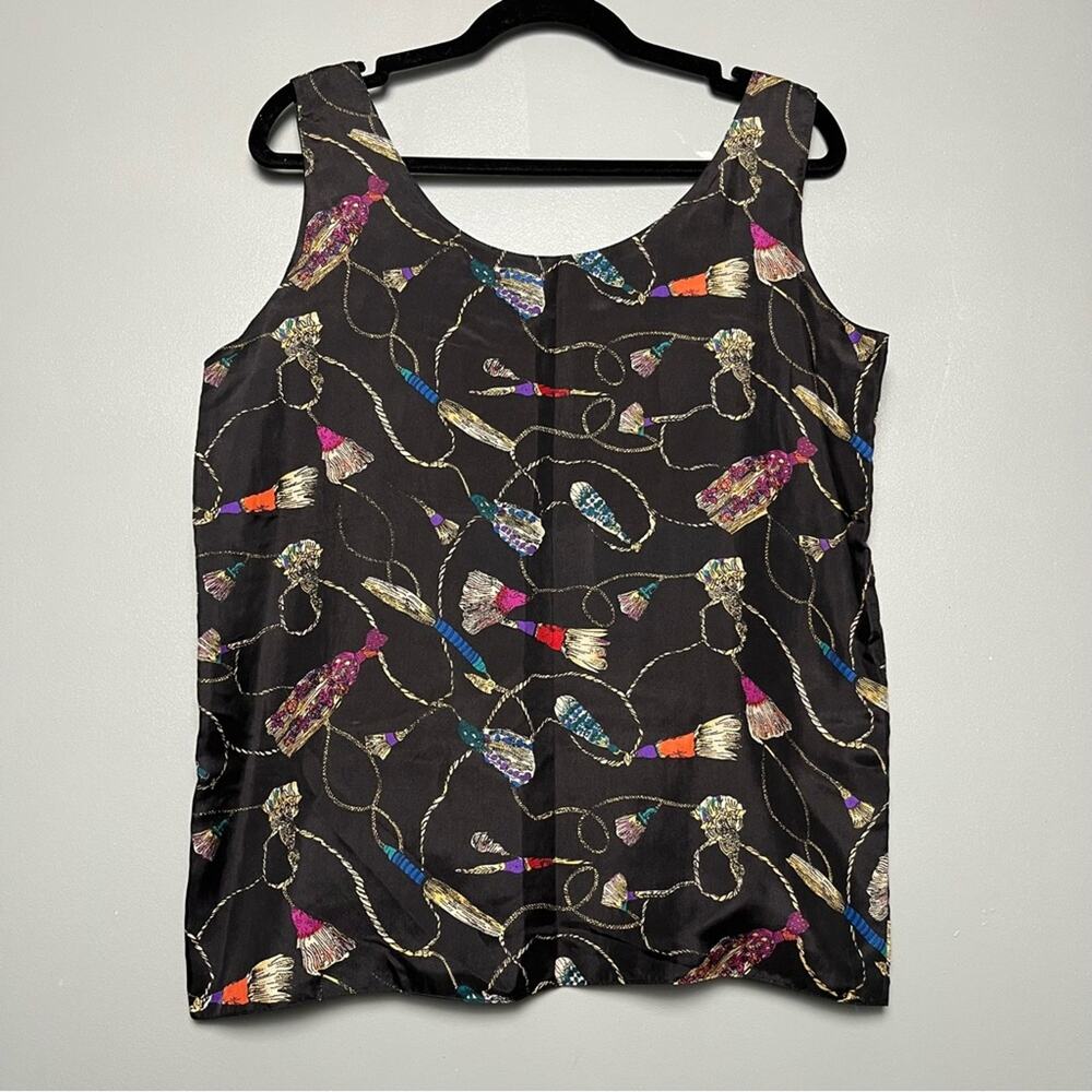 Vintage 90’s 100% Silk Sleeveless Tank Black Jewelry Tassel Print Women’s Size M